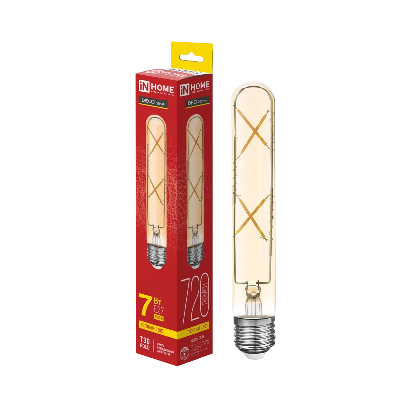 картинка Лампа светодиодная LED-T30-deco gold 7Вт 230В Е27 3000К 720Лм 185мм золотистая IN HOME
