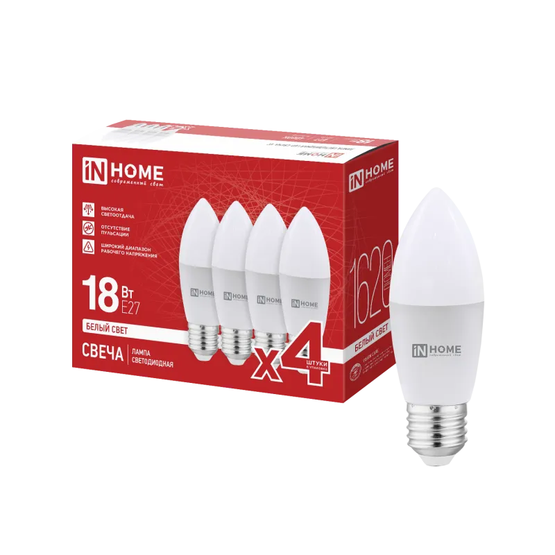 картинка Лампа светодиодная LED-СВЕЧА-VC 4PACK 18Вт 230В Е27 4000К 1620Лм (4шт./упак) IN HOME