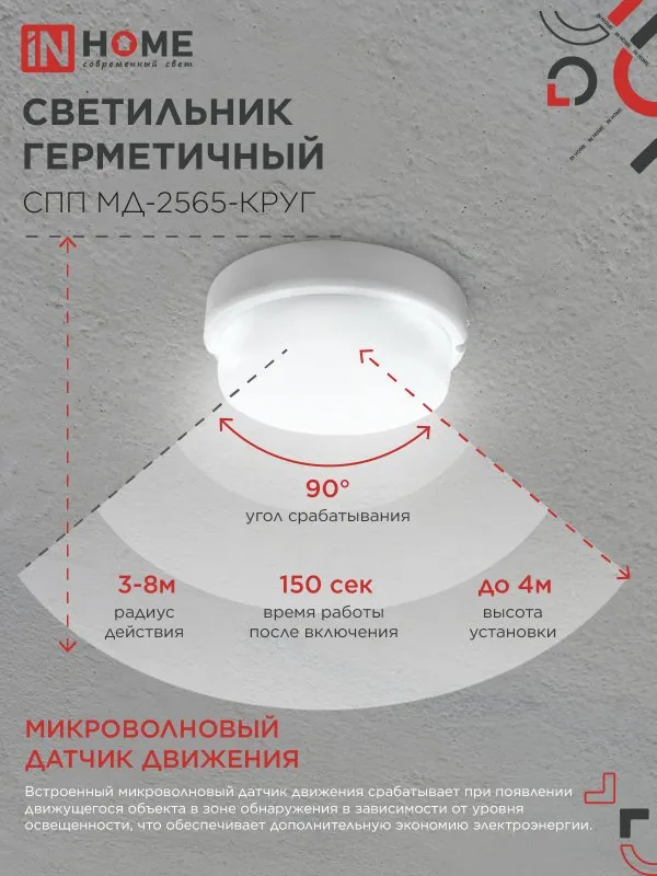 картинка Светильник светодиодный герметичный СПП МД-2565-КРУГ 25Вт 6500К 2250Лм с микроволновым датчиком IP65 175мм IN HOME