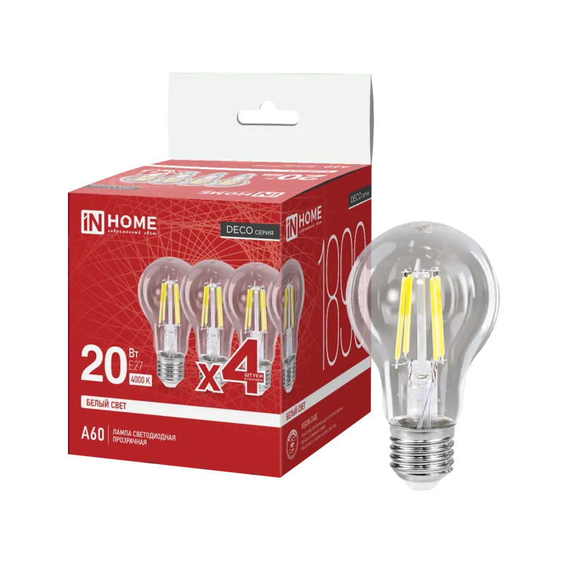 картинка Лампа светодиодная LED-A60-deco 4PACK 20Вт 230В Е27 4000К 1890Лм (4шт./упак) прозрачная IN HOME