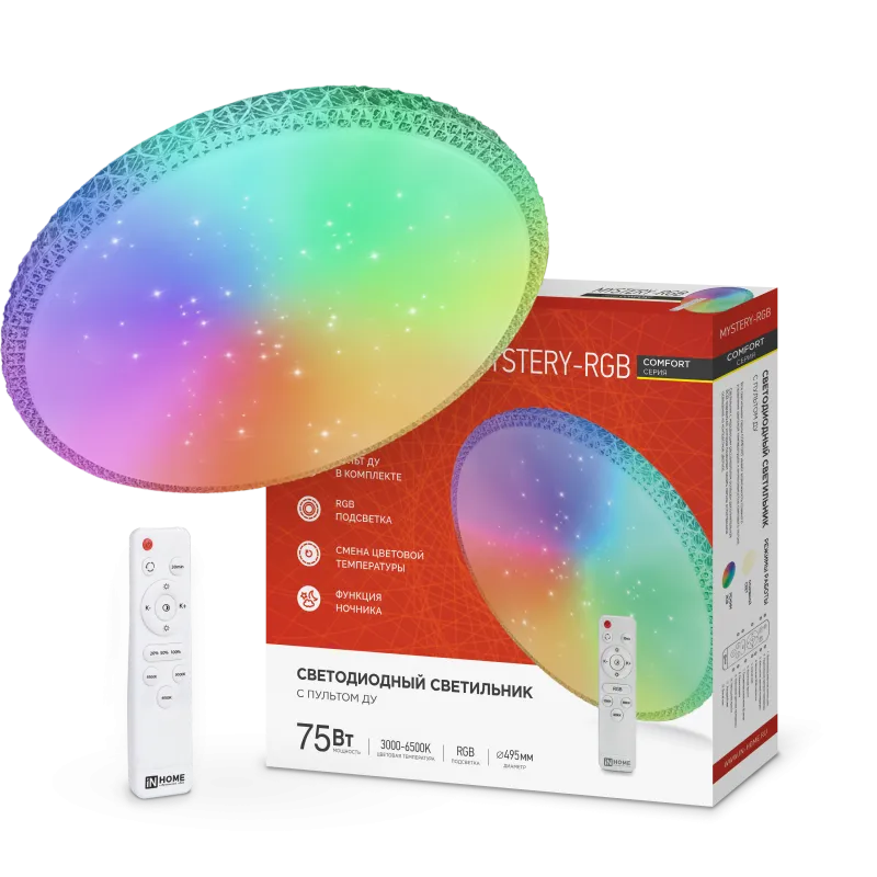 картинка Светильник светодиодный COMFORT MYSTERY-RGB 75Вт 230В 3000-6500K 6000Лм 500x80мм с пультом ДУ IN HOME
