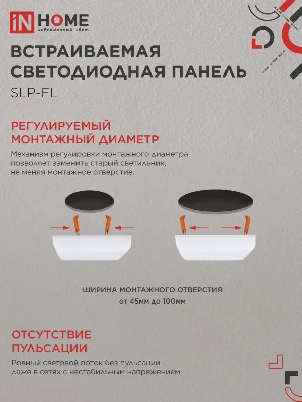 картинка Панель светодиодная встраиваемая безрамочная SLP-FL 18Вт 230В 4000К 1620Лм 121мм с регулируемым монтажом 45-100мм белая IP20 IN HOME