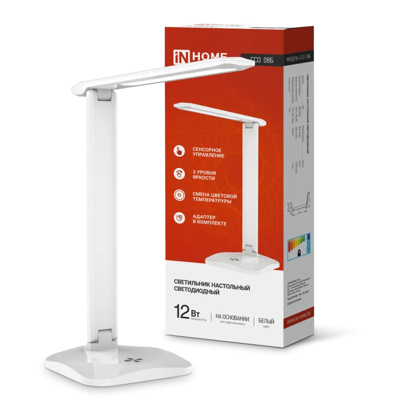 картинка Светильник настольный светодиодный SIMPLE ССО-08Б 12Вт 600Лм сенсор, адаптер БЕЛЫЙ IN HOME