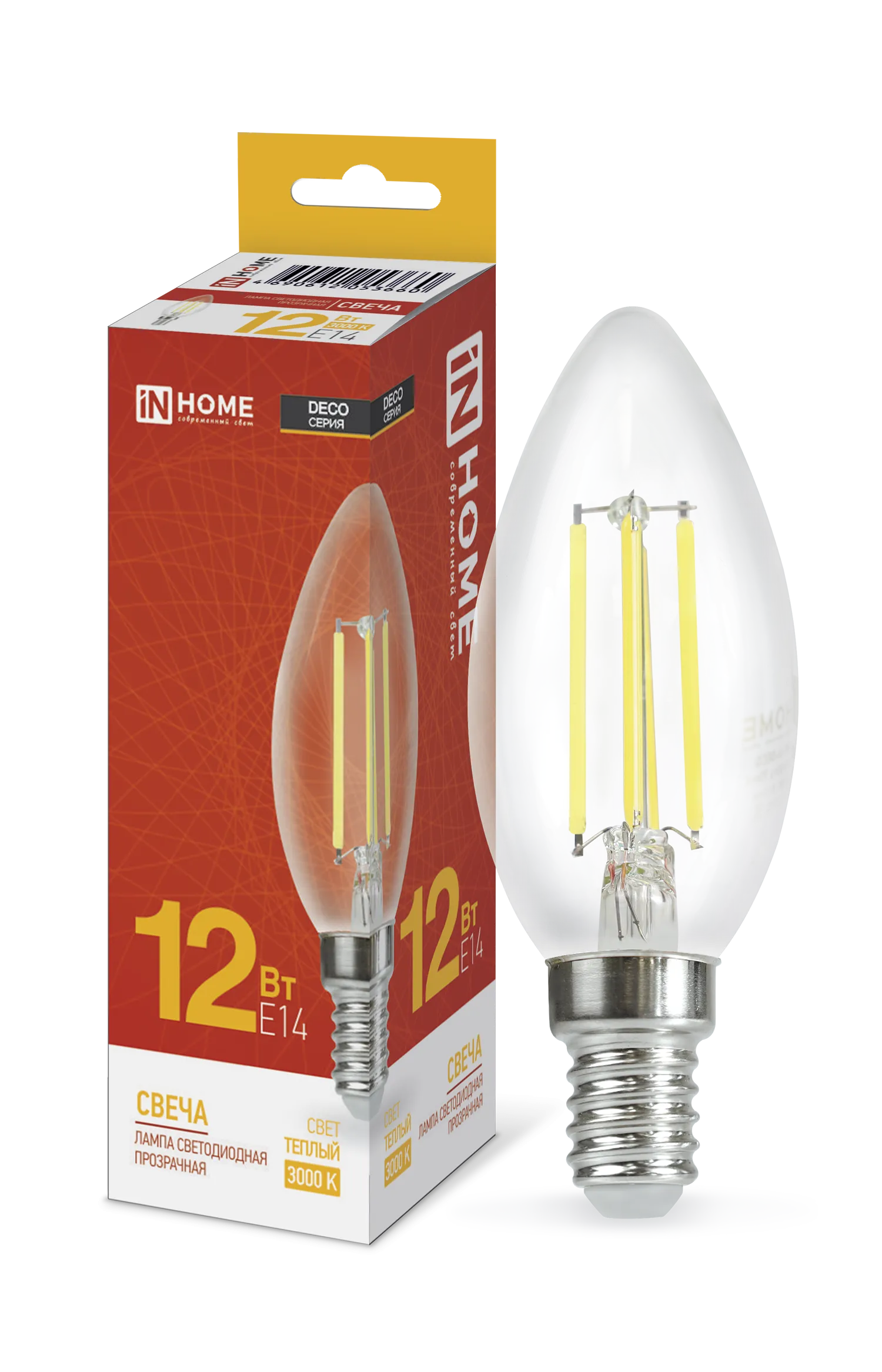 картинка Лампа светодиодная LED-СВЕЧА-deco 12Вт 230В Е14 3000К 1350Лм прозрачная IN HOME