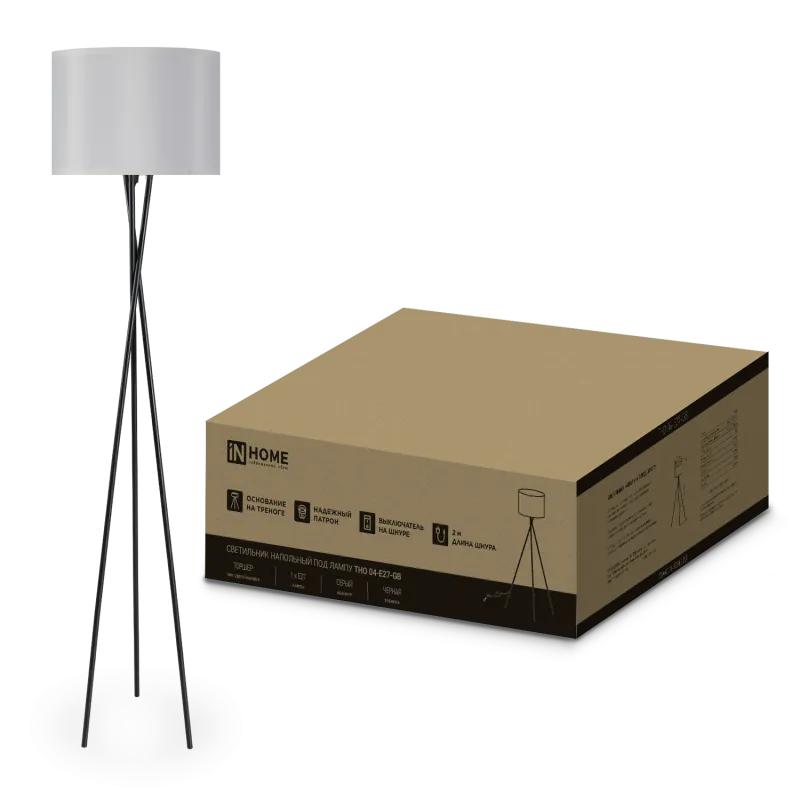 картинка Светильник напольный под лампу ТНО 04-Е27-GB 230В серый абажур, черное основание IN HOME