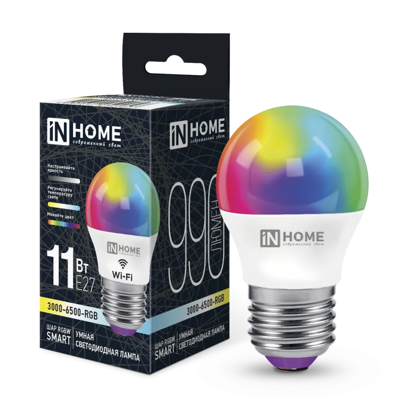 картинка Лампа светодиодная LED-ШАР-RGBW-SMART 11Вт 230В Wi-Fi Е27 RGB-3000-6500К 990Лм IN HOME