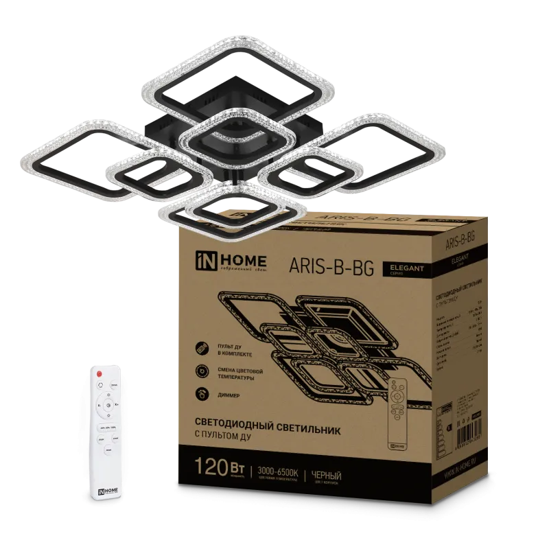 картинка Светильник светодиодный ELEGANT ARIS-B-BG 120Вт 230В 3000-6500K 8400Лм 585х585х115мм пульт ДУ черный IN HOME