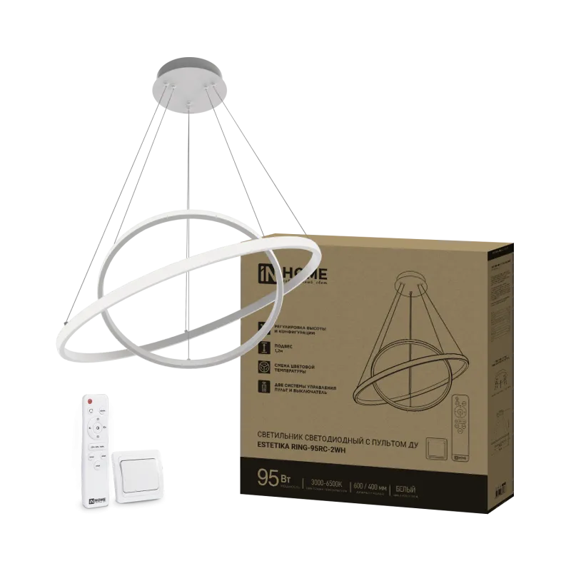 картинка Светильник светодиодный ESTETIKA RING-95RC-2WH 95Вт 230В 3000-6500K 600/400 1.2м трос пульт ДУ белый IN HOME