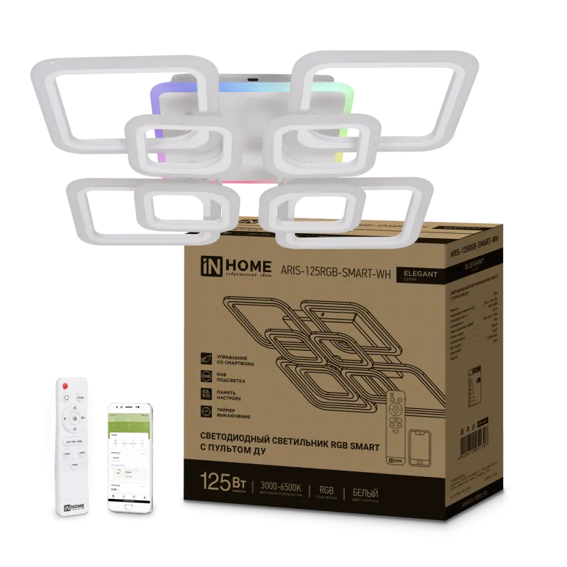 картинка Светильник светодиодный ELEGANT ARIS-125RGB-SMART-WH 125Вт 230В 3000-6500K 8800Лм 585х585х115мм пульт ДУ белый IN HOME