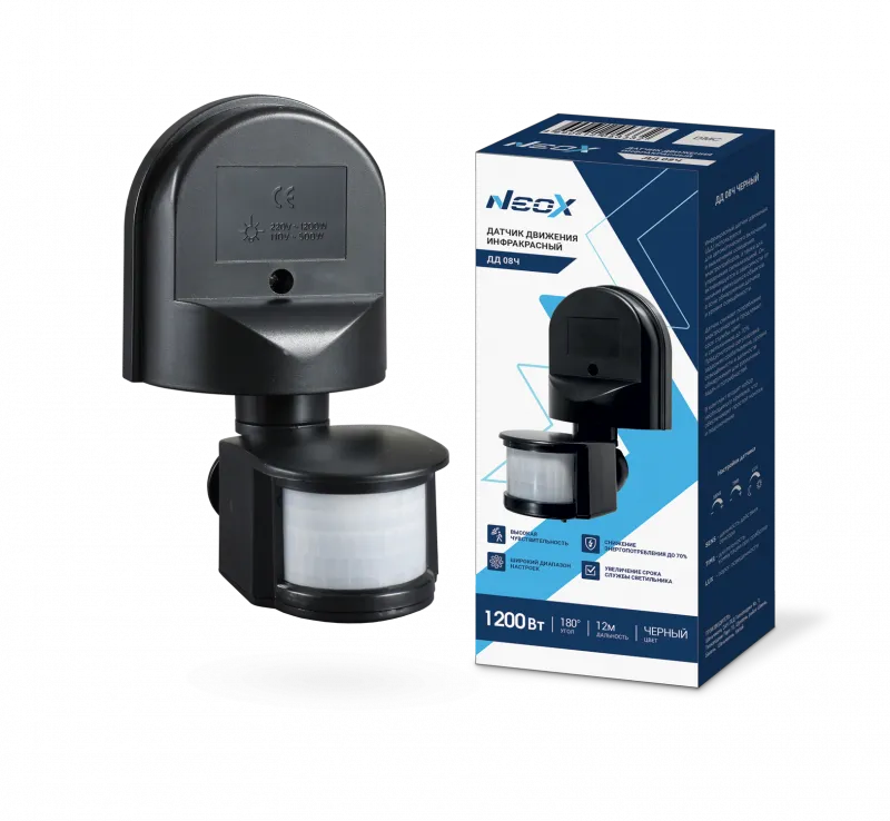 картинка Датчик движения инфракрасный ДД 08Ч 1200Вт 180 гр.12м IP44 черный NEOX