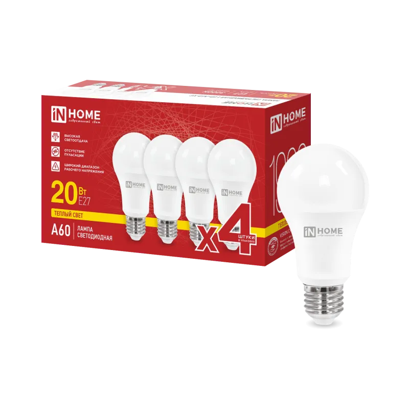 картинка Лампа светодиодная LED-A60-VC 4PACK 20Вт 230В Е27 3000К 1900Лм (4шт./упак) IN HOME