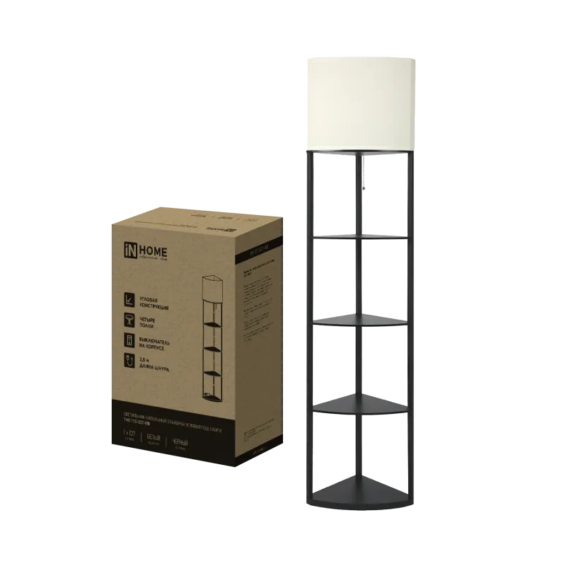 картинка Светильник напольный под лампу этажерка угловая ТНО 11С-Е27-WB белый абажур, черный корпус IN HOME