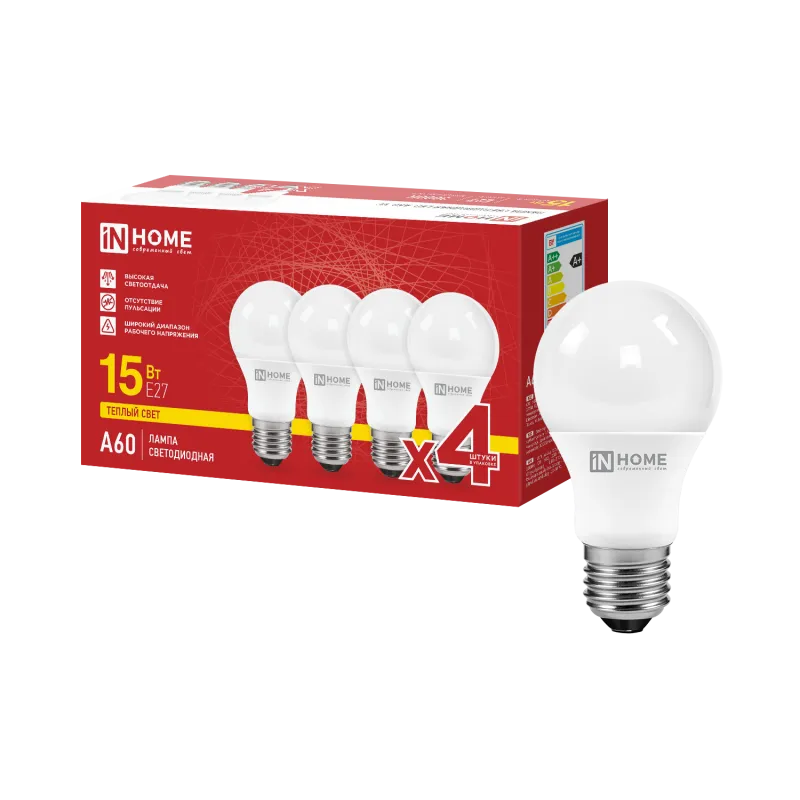 картинка Лампа светодиодная LED-A60-VC 4PACK 15Вт 230В Е27 3000К 1430Лм (4шт./упак) IN HOME
