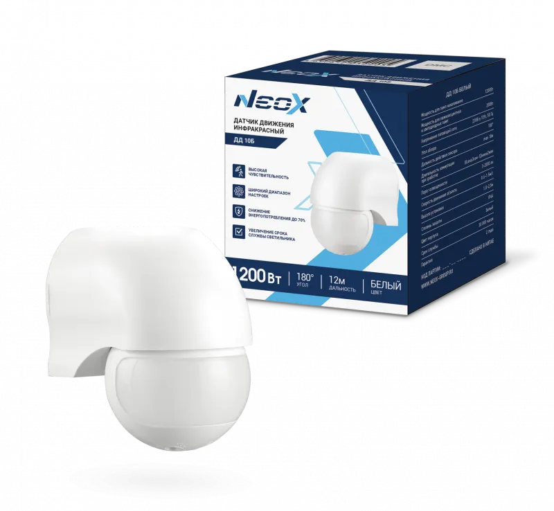 картинка Датчик движения инфракрасный ДД 10Б 1200Вт 180 гр. 12м IP44 белый NEOX