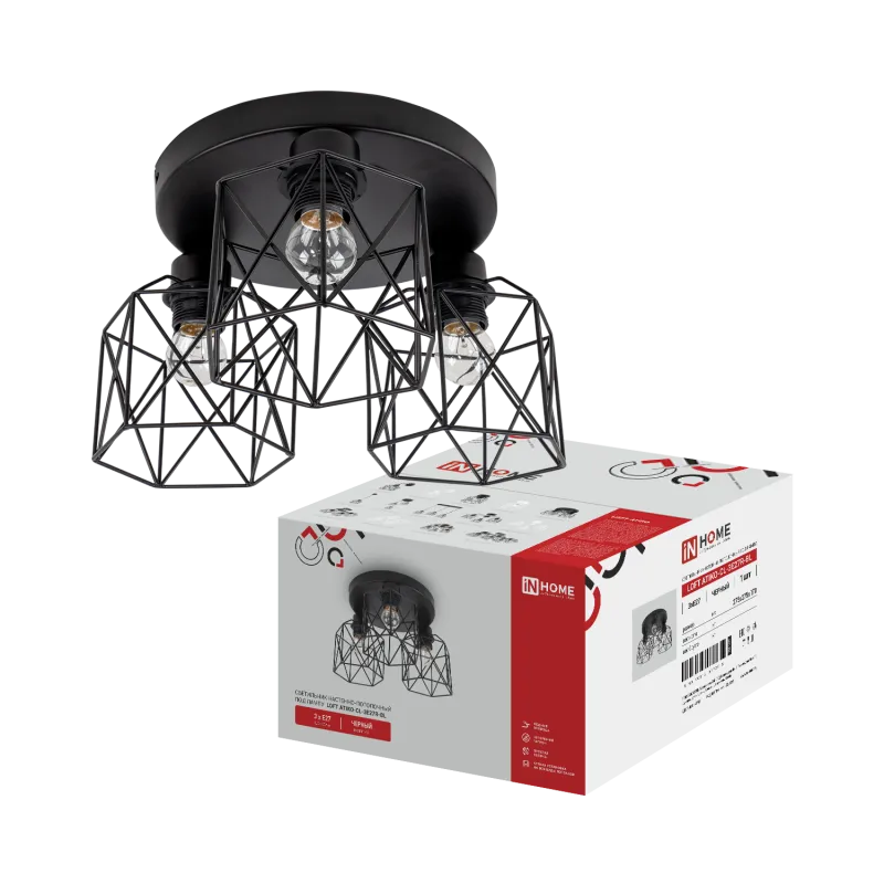 картинка Светильник настенно-потолочный под лампу LOFT ATIKO-СL-3E27R-BL 3хЕ27 черный IN HOME