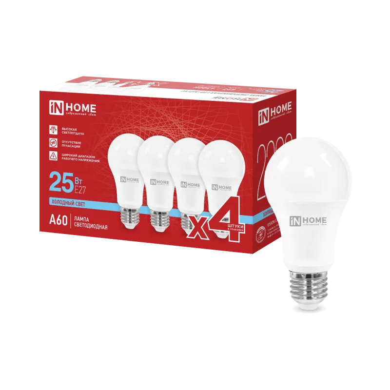 картинка Лампа светодиодная LED-A60-VC 4PACK 25Вт 230В Е27 6500К 2380Лм (4шт./упак) IN HOME