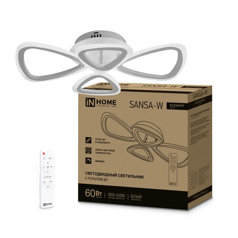 картинка Светильник светодиодный ELEGANT SANSA-W 60Вт 230В 3000-6500K 4700Лм 600х400х75мм c пультом ДУ белый IN HOME