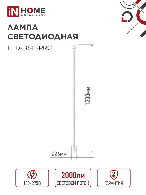 картинка Лампа светодиодная LED-T8-П-PRO 20Вт 230В G13 4000К 2000Лм 1200мм прозрачная неповоротная IN HOME
