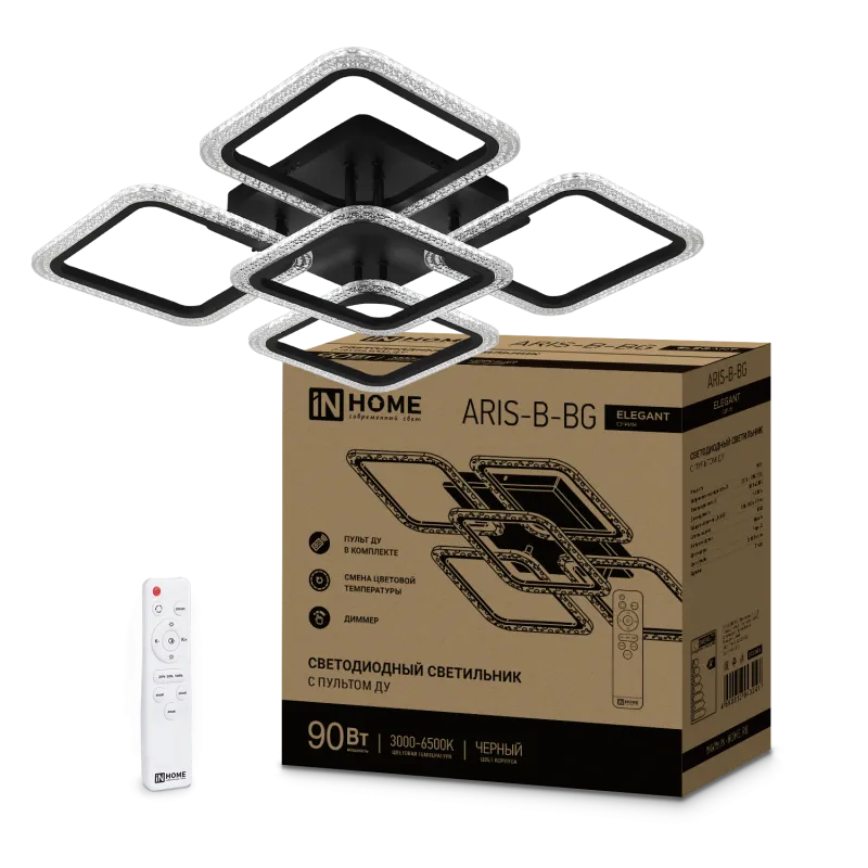 картинка Светильник светодиодный ELEGANT ARIS-B-ВG 90Вт 230В 3000-6500K 7000Лм 557х557х115мм пульт ДУ черный IN HOME