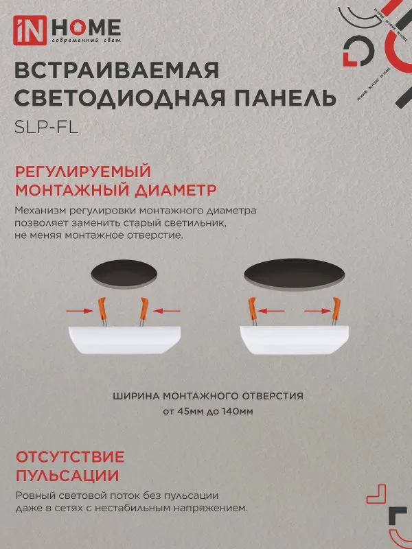 картинка Панель светодиодная встраиваемая безрамочная SLP-FL 24Вт 230В 4000К 2160Лм 172мм с регулируемым монтажом 45-140мм белая IP20 IN HOME