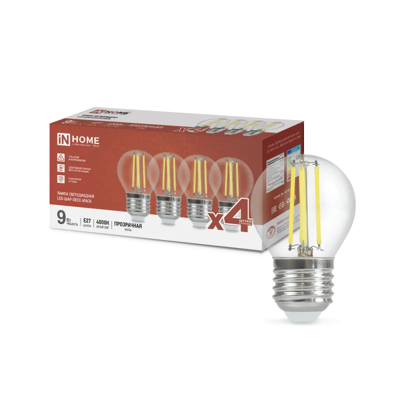 картинка Лампа светодиодная LED-ШАР-deco 4PACK 9Вт 230В Е27 4000К 1040Лм (4шт./упак) прозрачная IN HOME