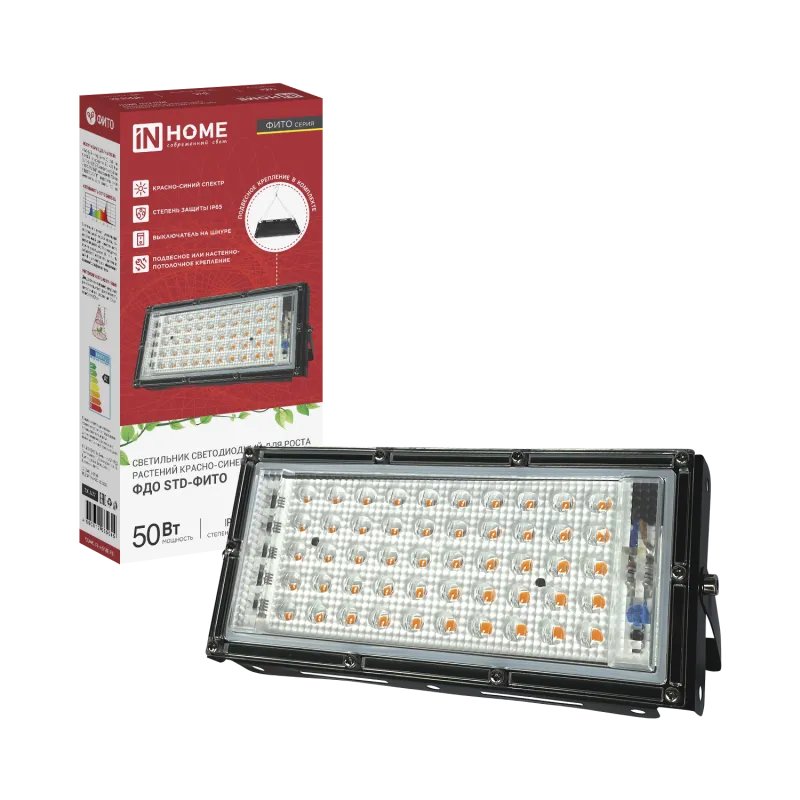 картинка Прожектор светодиодный ФДО STD-ФИТО красно-синий спектр 50Вт IP65 черный IN HOME