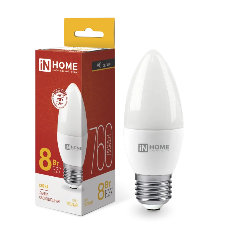 картинка Лампа светодиодная LED-СВЕЧА-VC 8Вт 230В Е27 3000К 760Лм IN HOME