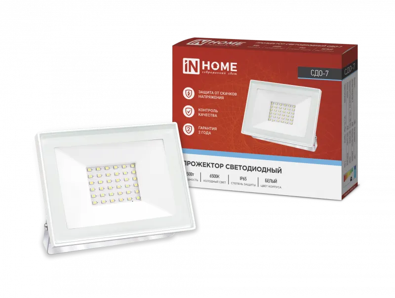картинка Прожектор светодиодный СДО-7 50Вт 230В 6500К IP65 белый IN HOME