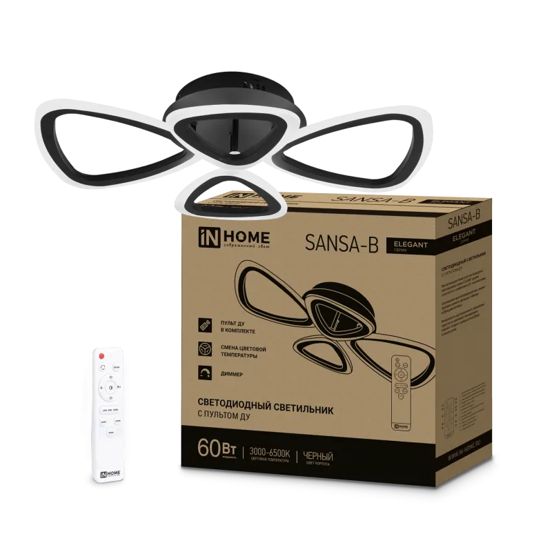 картинка Светильник светодиодный ELEGANT SANSA-B 60Вт 230В 3000-6500K 4700Лм 600х400х75мм c пультом ДУ черный IN HOME