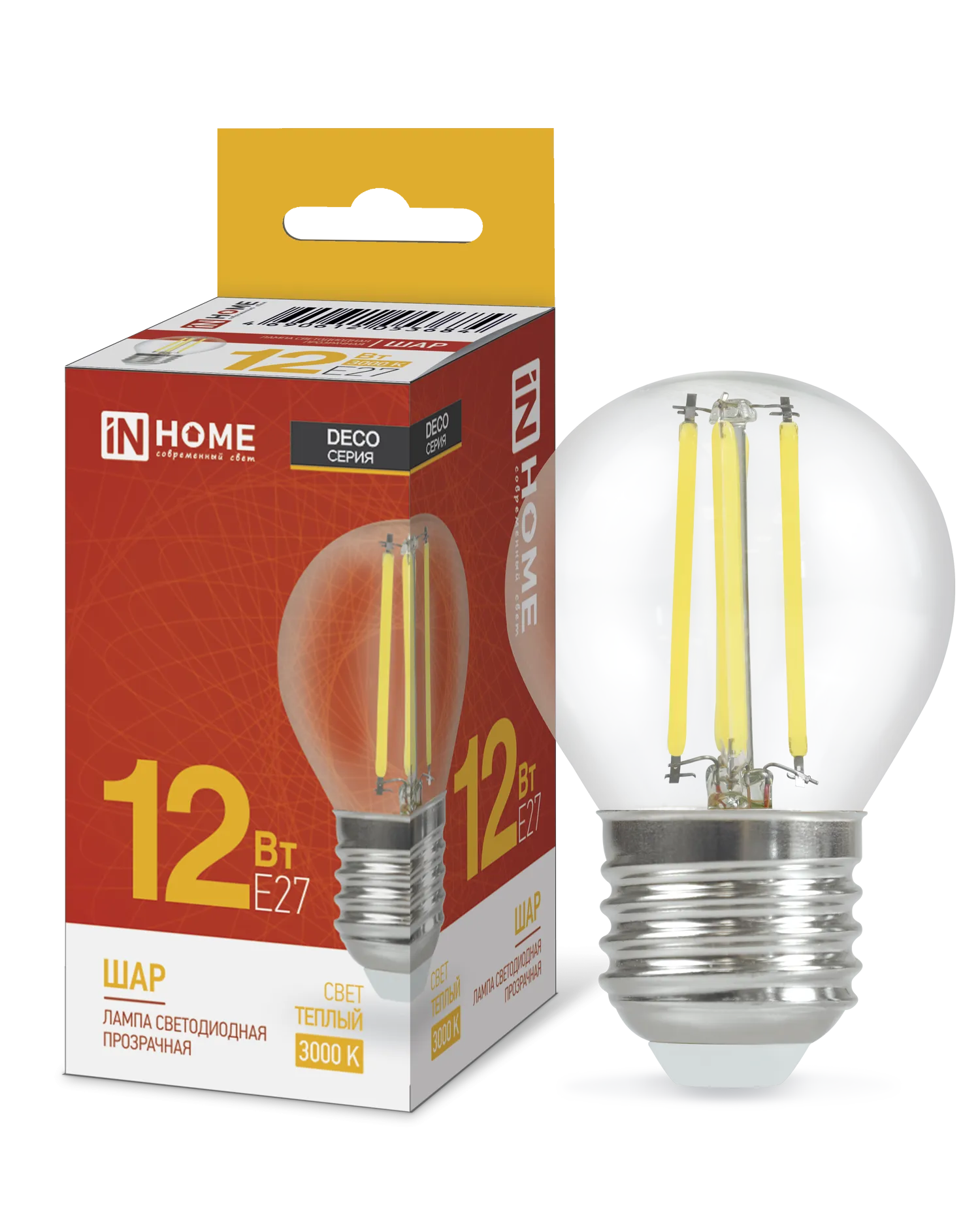 картинка Лампа светодиодная LED-ШАР-deco 12Вт 230В Е27 3000К 1350Лм прозрачная IN HOME