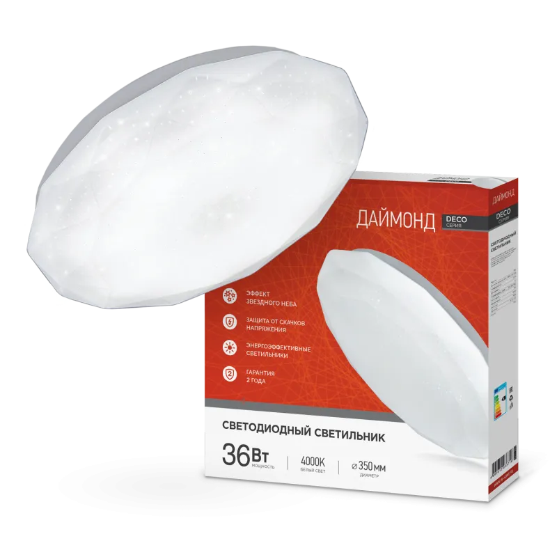 картинка Светильник светодиодный серии DECO ДАЙМОНД 36Вт 230В 4000К 3240Лм 380х55мм IN HOME