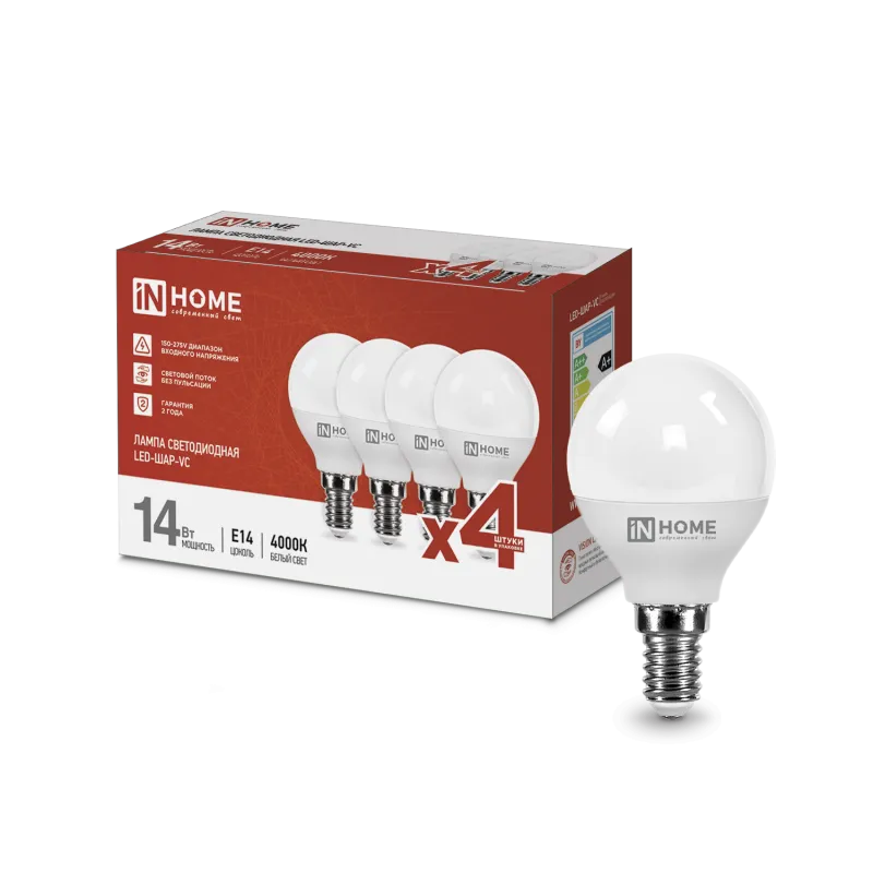 картинка Лампа светодиодная LED-ШАР-VC 4PACK 14Вт 230В Е14 4000К 1330Лм (4шт./упак) IN HOME