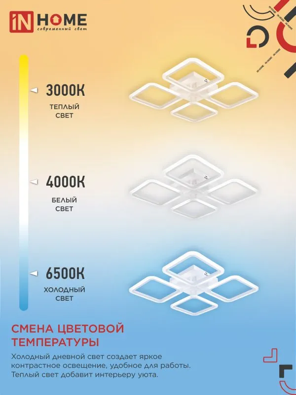 картинка Светильник светодиодный ELEGANT ARIS-W 60Вт 230В 3000-6500K 4700Лм 450х450х75мм c пультом ДУ белый IN HOME