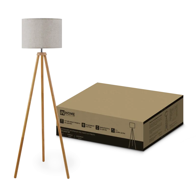 картинка Светильник напольный под лампу ТНО 24-Е27-NT 230В бежевый абажур, деревянная тренога IN HOME