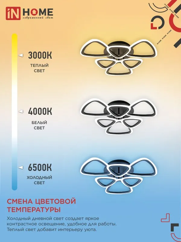 картинка Светильник светодиодный ELEGANT SANSA-B 90Вт 230В 3000-6500K 650х650х130мм c пультом ДУ черный IN HOME