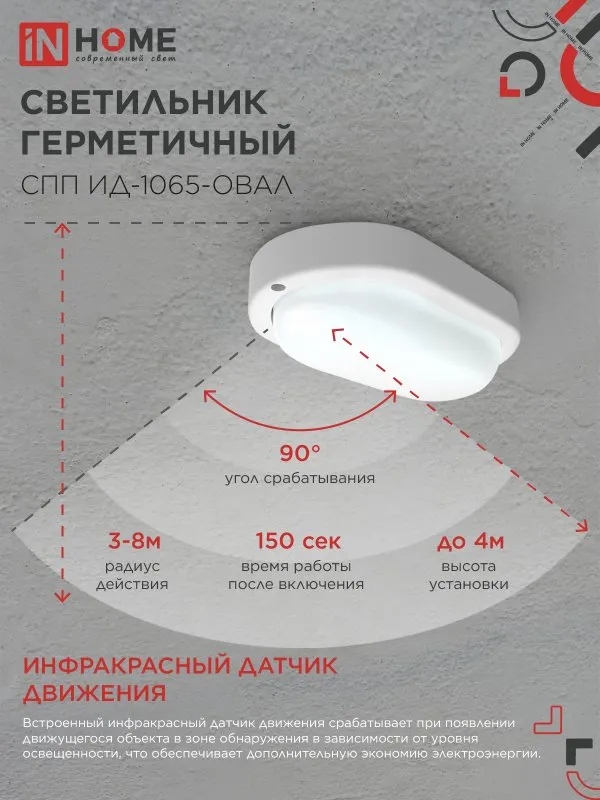 картинка Светильник светодиодный герметичный СПП ИД-1065-ОВАЛ 10Вт 6500К 900Лм с инфракрасным датчиком IP65 160х88мм IN HOME