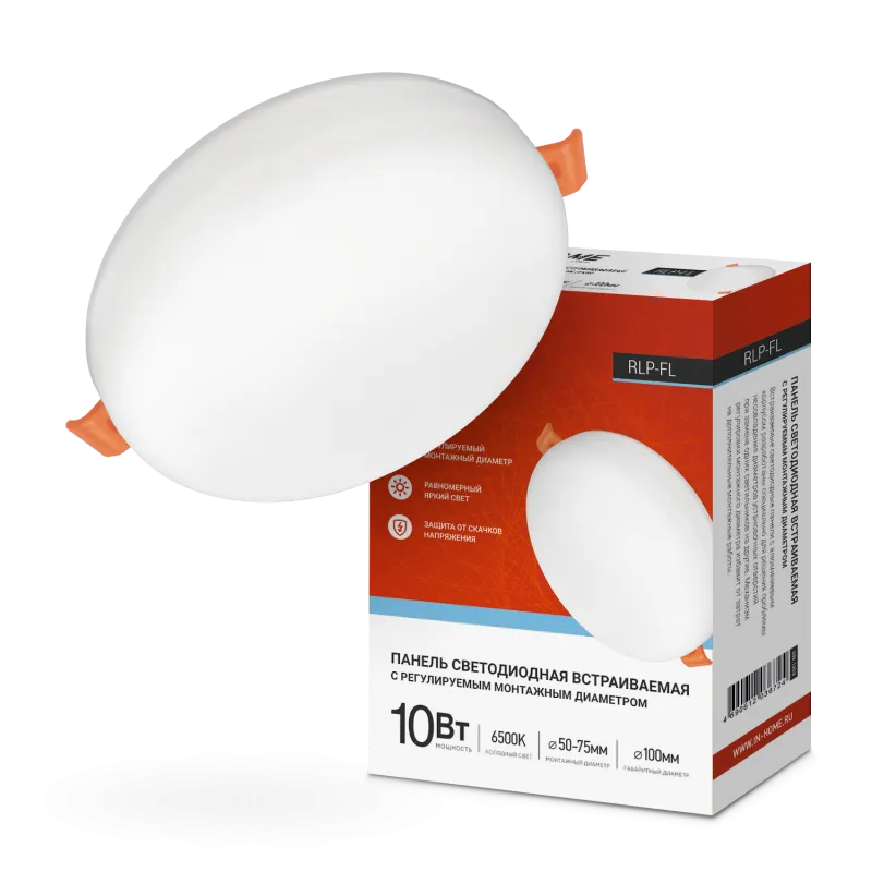 картинка Панель светодиодная встраиваемая безрамочная RLP-FL 10Вт 230В 6500К 900Лм 100мм с регулируемым монтажом 45-80мм белая IP20 IN HOME