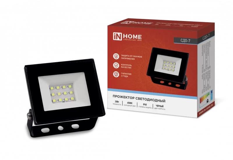 картинка Прожектор светодиодный СДО-7 20Вт 230В 6500К IP65 черный IN HOME