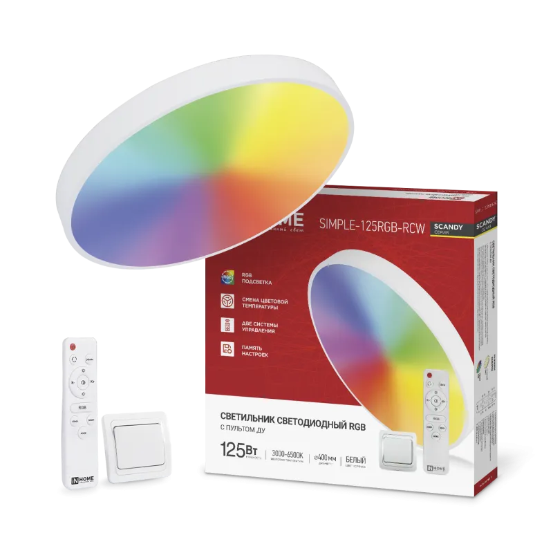 картинка Светильник светодиодный SCANDY SIMPLE-125RGB-RCW 125Вт 230В 3000-6500K 10000Лм 400x50мм пульт ДУ белый IN HOME