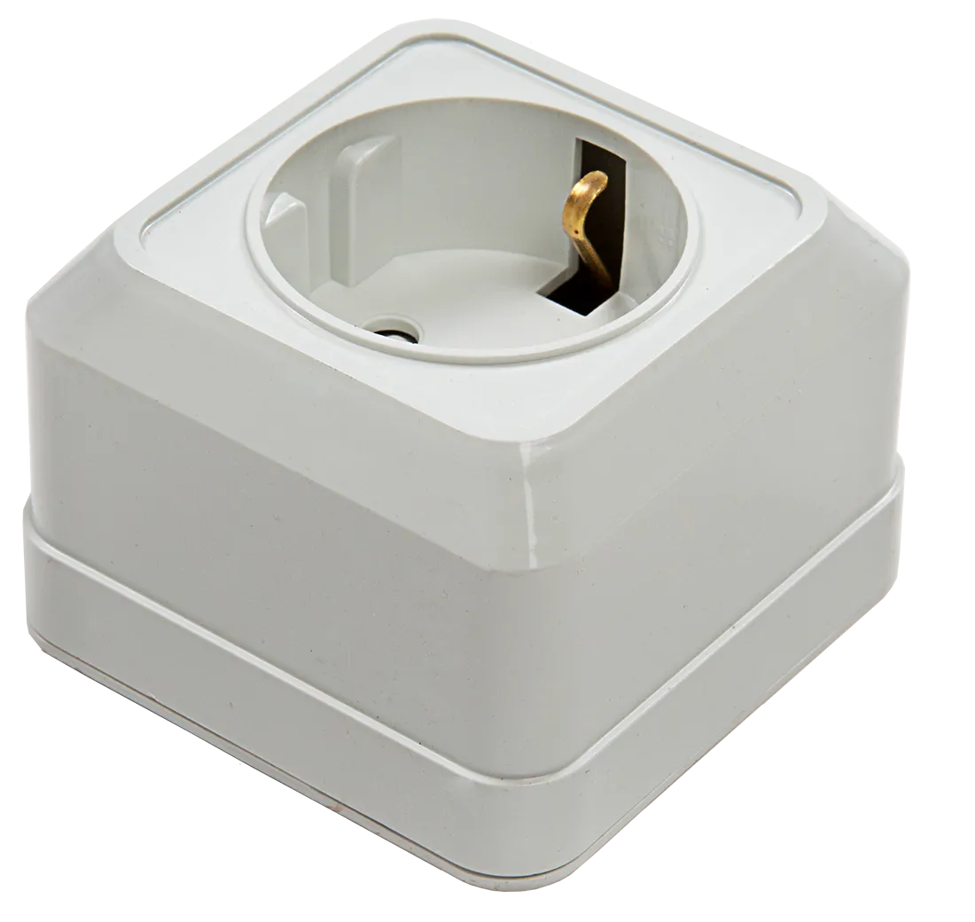 картинка Розетка одинарная с заземлением со шторкой BOLLETO белая накладная 7028х IN HOME