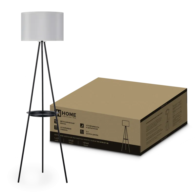 картинка Светильник напольный под лампу ТНО 04ПВ-Е27-GB 230В полка, серый абажур, черная тренога IN HOME