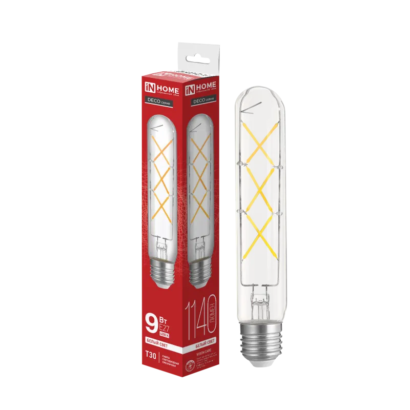 картинка Лампа светодиодная LED-T30-deco 9Вт 230В Е27 4000К 1140Лм 225мм прозрачная IN HOME