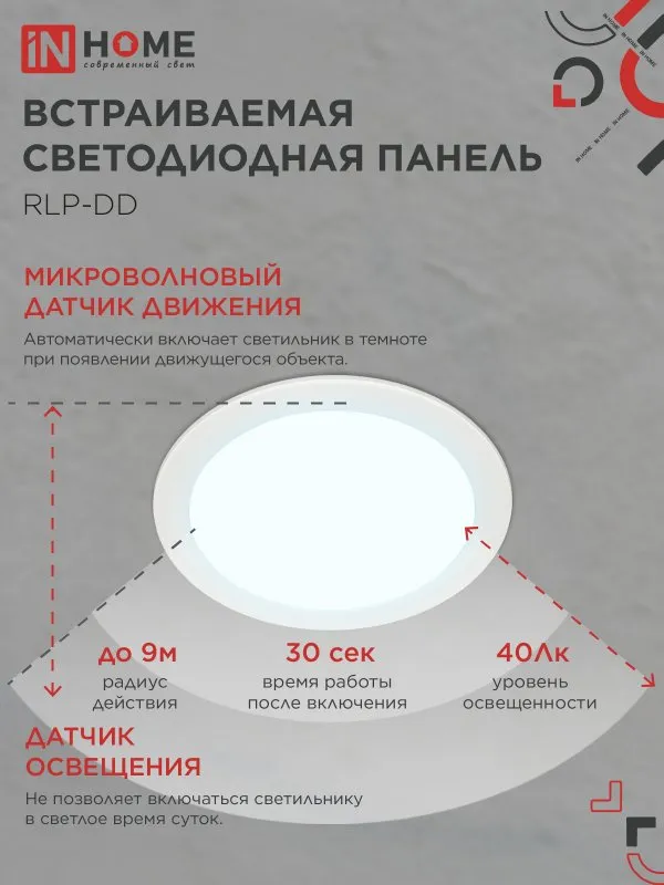 картинка Панель светодиодная встраиваемая круглая RLP-DD 18Вт 230В 6500К 1440Лм 177мм, датчик движения, белая IP40 IN HOME