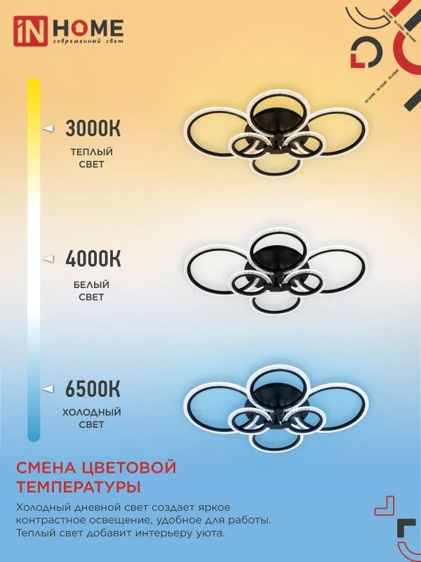 картинка Светильник светодиодный ELEGANT BLISS-B-BG 120Вт 230В 3000-6500K 8400Лм 780х550х130мм пульт ДУ черный IN HOME