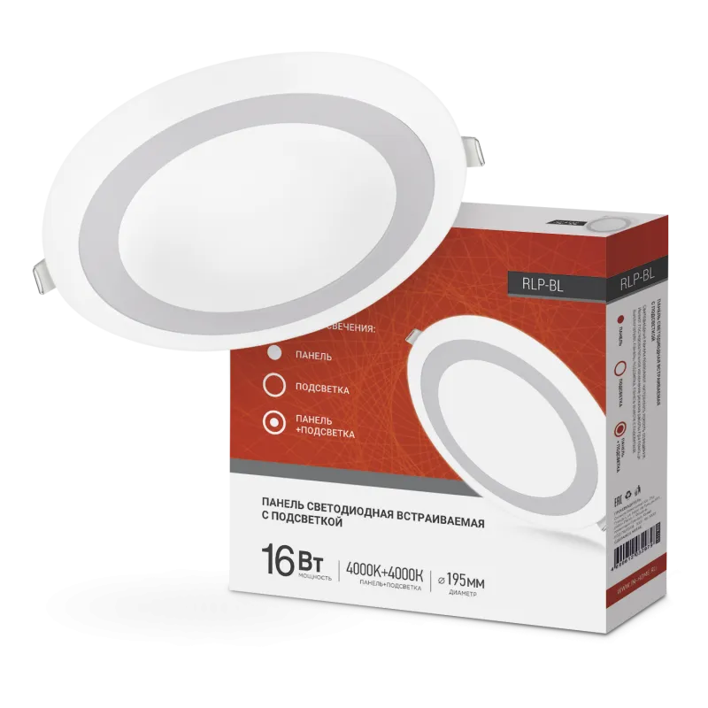 картинка Панель светодиодная встраиваемая круглая RLP-BL 16Вт 230В 4000К 960Лм 195мм с подсветкой белая IP20 IN HOME