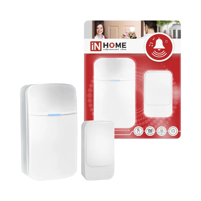 картинка Звонок беспроводной KD-WH 38 мелодий с вилкой 230В с подсветкой с пьезокнопкой 150м белый IN HOME