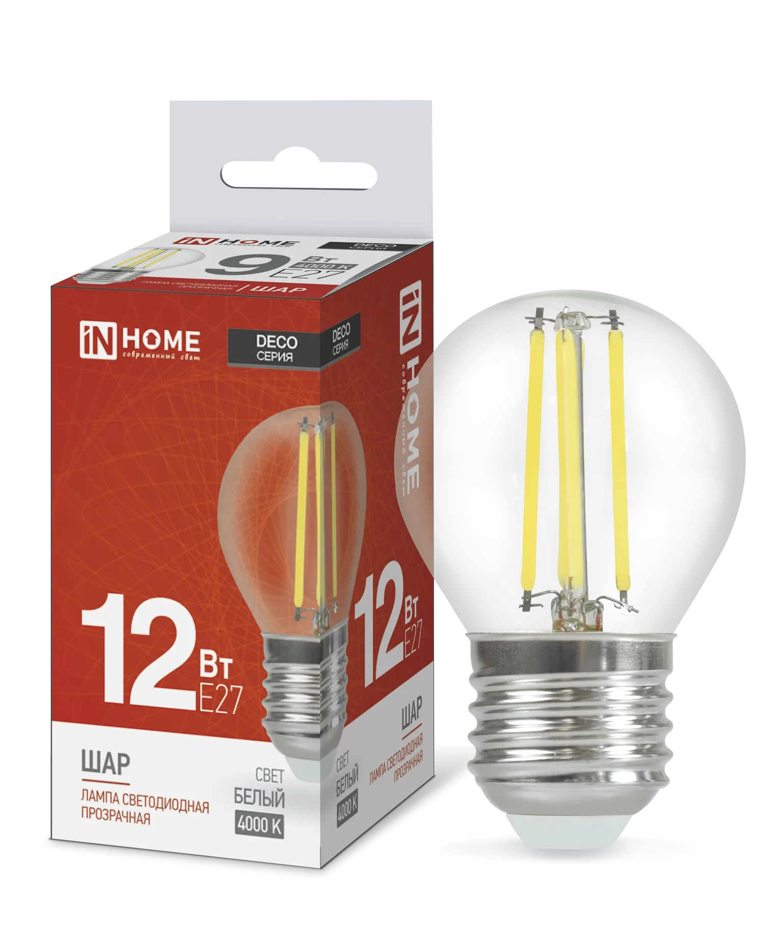 картинка Лампа светодиодная LED-ШАР-deco 12Вт 230В Е27 4000К 1350Лм прозрачная IN HOME