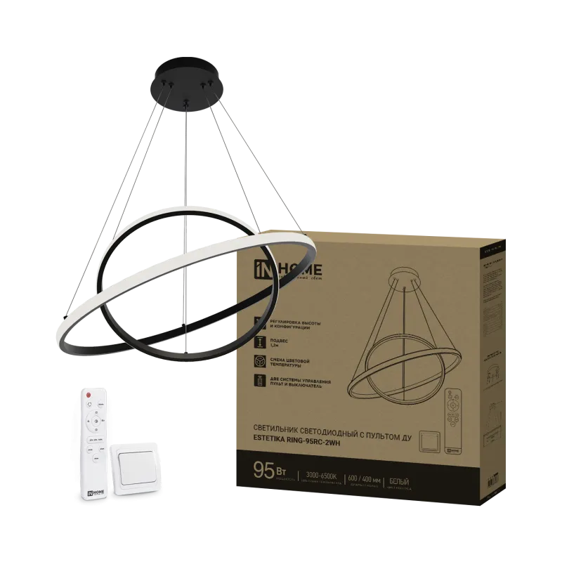картинка Светильник светодиодный ESTETIKA RING-95RC-2BL 95Вт 230В 3000-6500K 600/400 1.2м трос пульт ДУ черный IN HOME