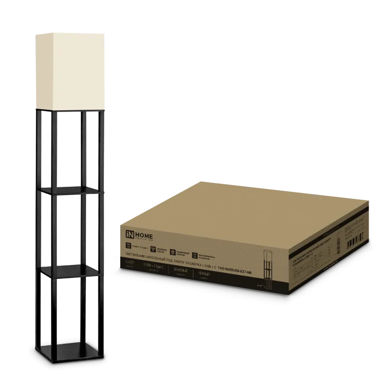 картинка Светильник напольный под лампу этажерка ТНО 06КВ-Е27-NB 230В бежевый абажур, черный корпус IN HOME