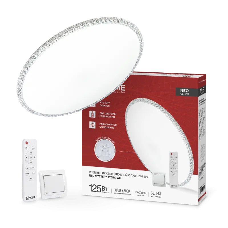 картинка Светильник светодиодный NEO MYSTERY-125RC-WH 125Вт 230В 3000-6500K 10000Лм 465x60мм с пультом ДУ белый IN HOME